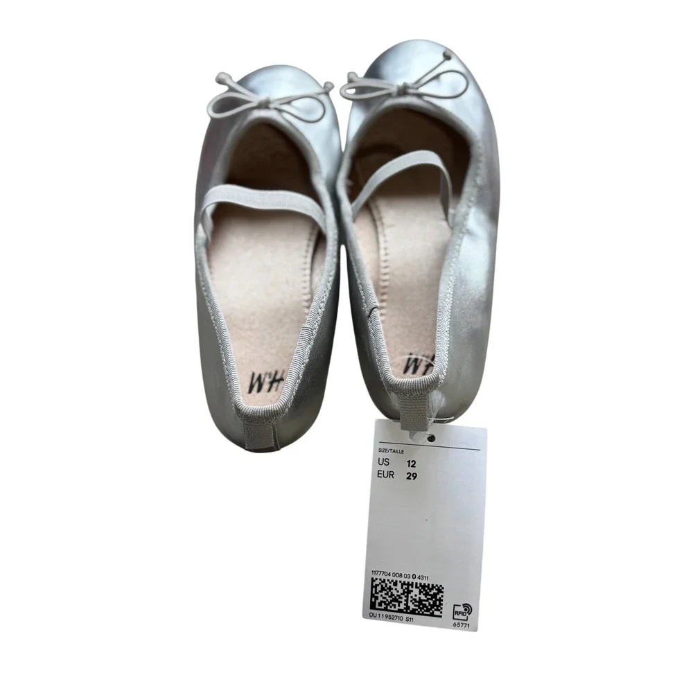 H&M‎ Girls Silver Metallic Ballet Flats Bow Elastic Strap Shoes Size 12 29 NEW